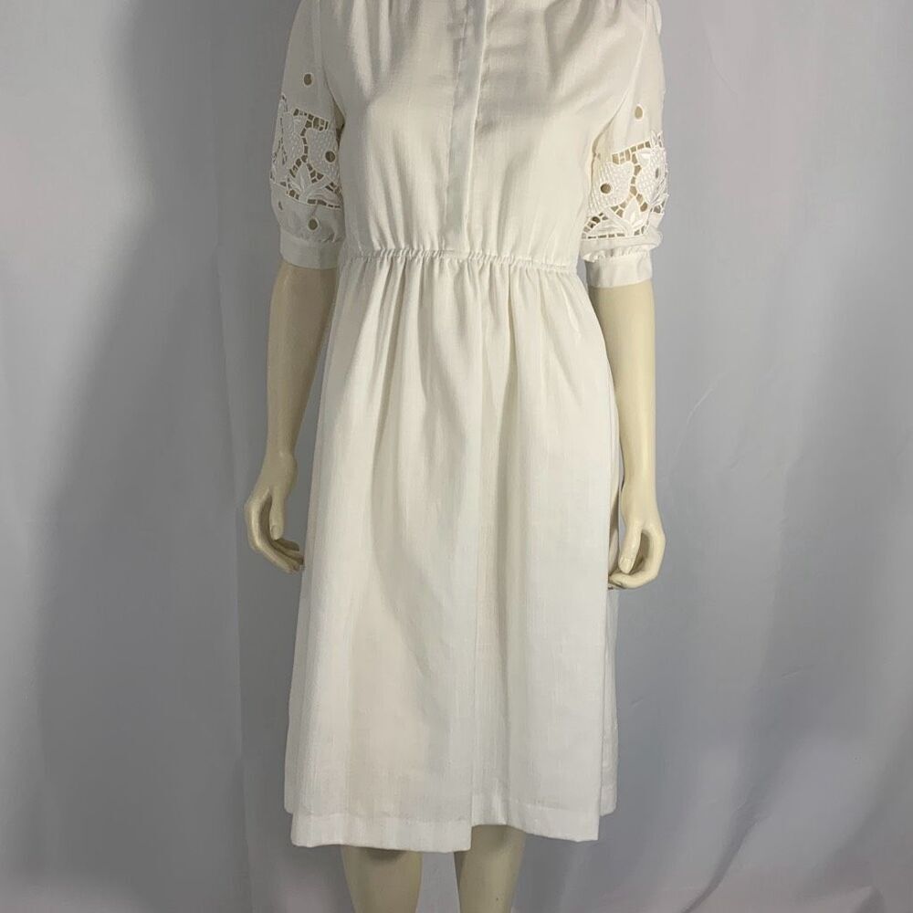 Vintage White Brownstone Studio Eyelet Lace Puff Sleeve Half Button Midi Dress S
